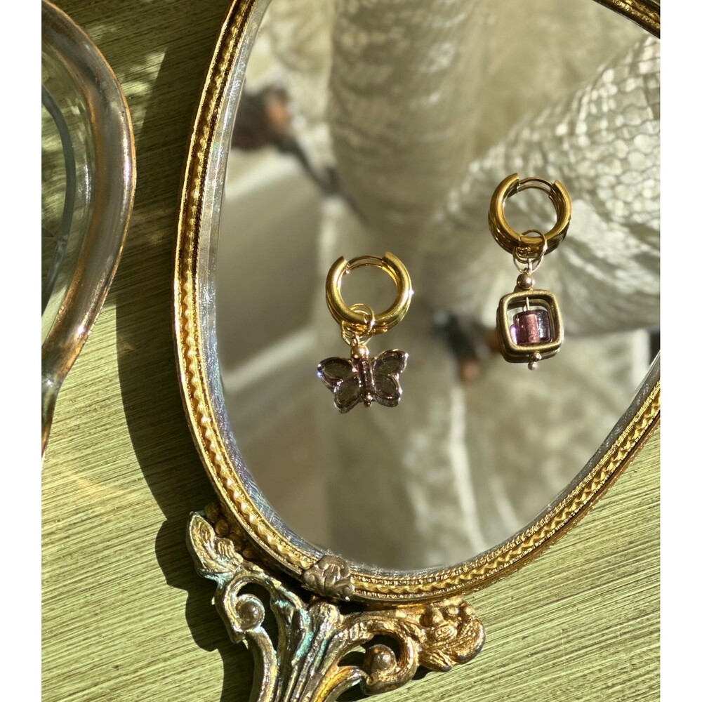 Boho Purple Hoop Earrings - Square & Butterfly - Gold Dangle Earrings